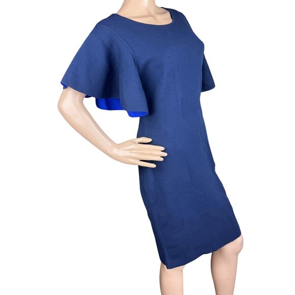 Milly Women Navy Knit Contrast Flutter Sleeve Knee Length Sheath Dress Size L - Picture 7 of 12